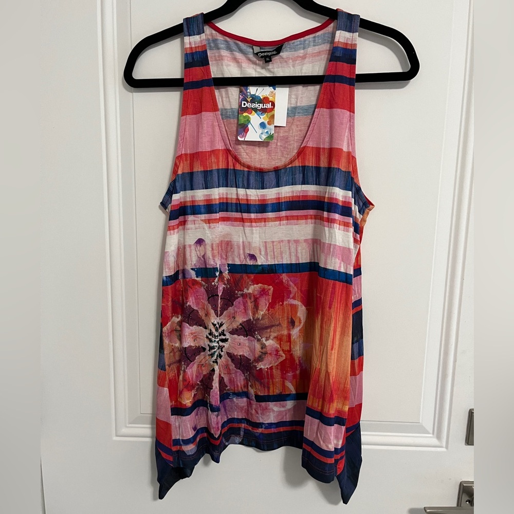 NWT - Desigual Women’s Floral Print Striped Tank Blouse - Made in Spain -Size XL
